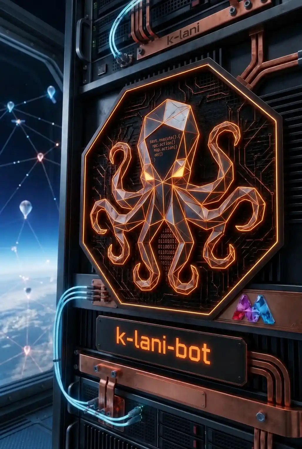 Neon-Oktopus von k-lani-bot über einem Server-Rack
